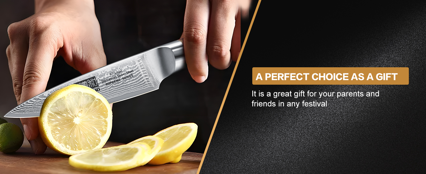 Японський ніж HOSHANHO з дамаської сталі 20 см, 67 шарів, кухонний ніж для приготування їжі, гострий, з ергономічною ручкою оливкового кольору (9.5 см), ніж для очищення