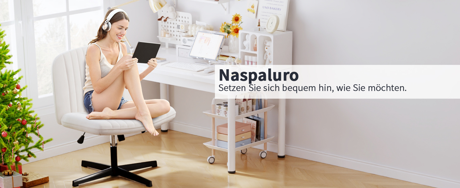 Офісне крісло Naspauluro без підлокітників, з тканинним покриттям, для роботи та відпочинку, з регулюванням висоти та функцією гойдання, поворотне на 360°, кремового кольору, без коліс