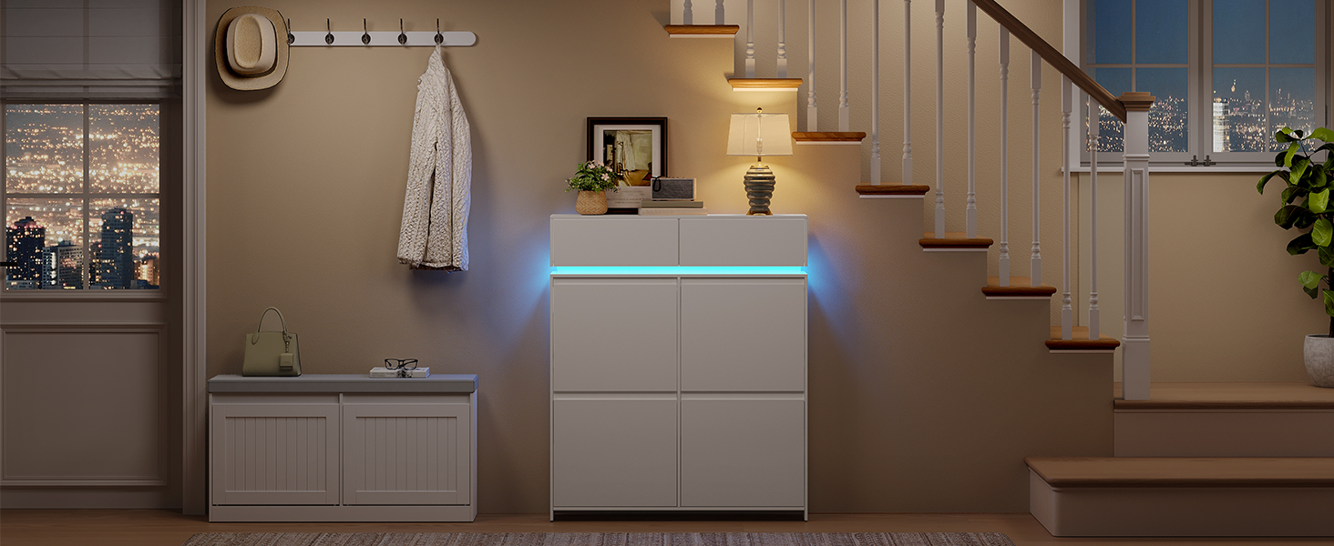 Взуттєва шафа Hzuaneri з 4 стулками, вузька, з LED-підсвічуванням, регульована перегородка, на 20 пар, 100 x 119 x 24 см, для передпокою, біла SR53603XEU