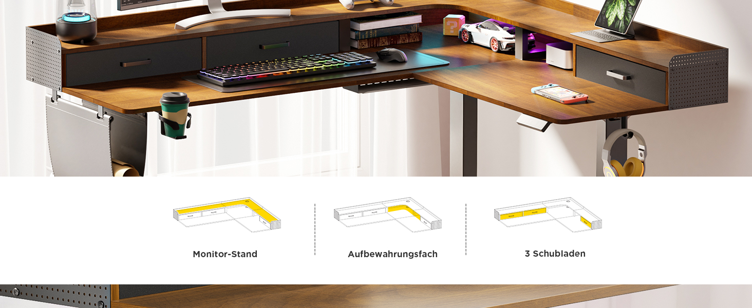 Регульований кутовий стіл L-подібної форми, електричний, 160 x 140 см. З 3 висувними ящиками, для офісу, геймінгу. Чорний горіх.