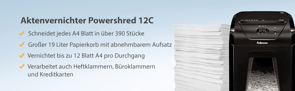 Fellowes знищувач паперу Powershred FS-12C: 12 листів, перехресний шредер, 19 л контейнер, для офісу та дому, знищення кредитних карт, білий