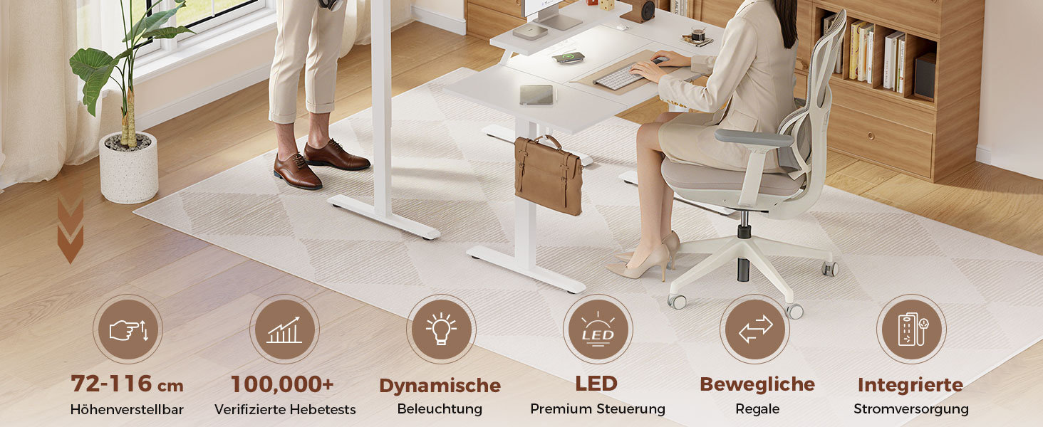 Регульований по висоті письмовий стіл Klicelor з LED-підсвіткою та розетками, 160x80 см, білий — геймерський стіл для офісу з підставкою під монітор та стільницею з 3 частин