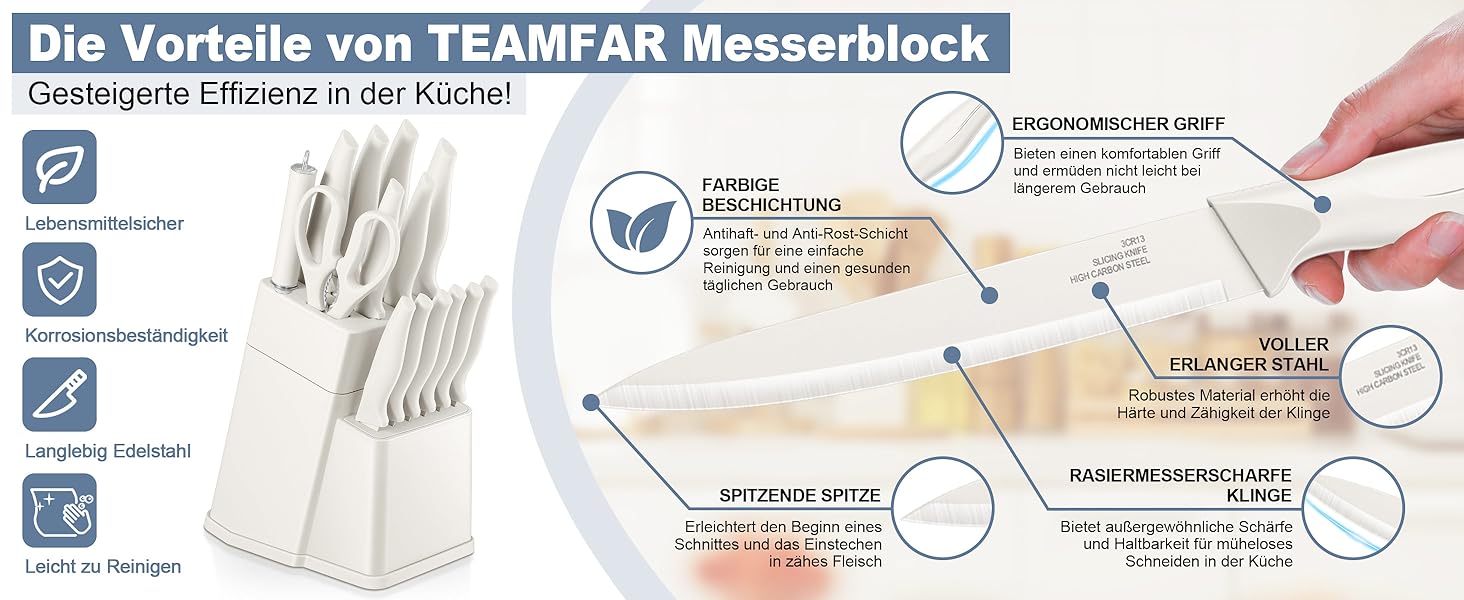 Набір кухонних ножів TEAMFAR з бруском, 15 предметів, нержавіюча сталь, антипригарне покриття