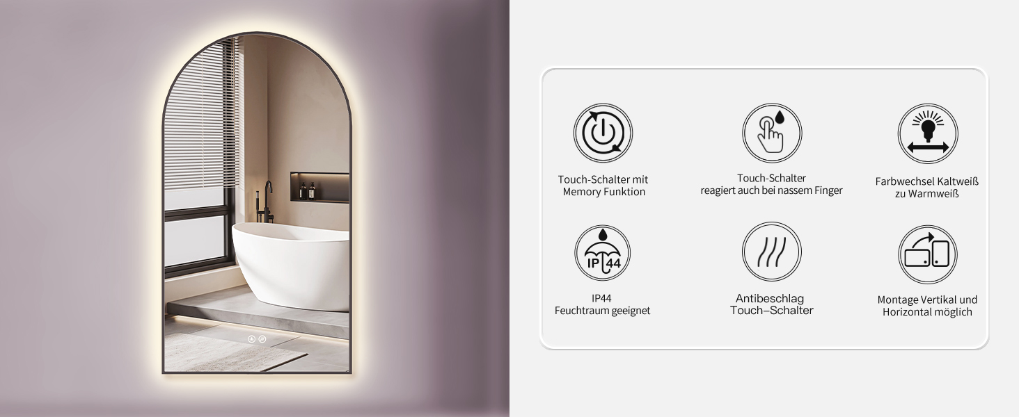 Дзеркало для ванної кімнати LED HOKO Design Turin, овальне, 45x75 см, матовий чорний каркас, сенсорне керування, світлодіодне підсвічування, зміна кольору світла (тепле/холодне/нейтральне), антизапарювання