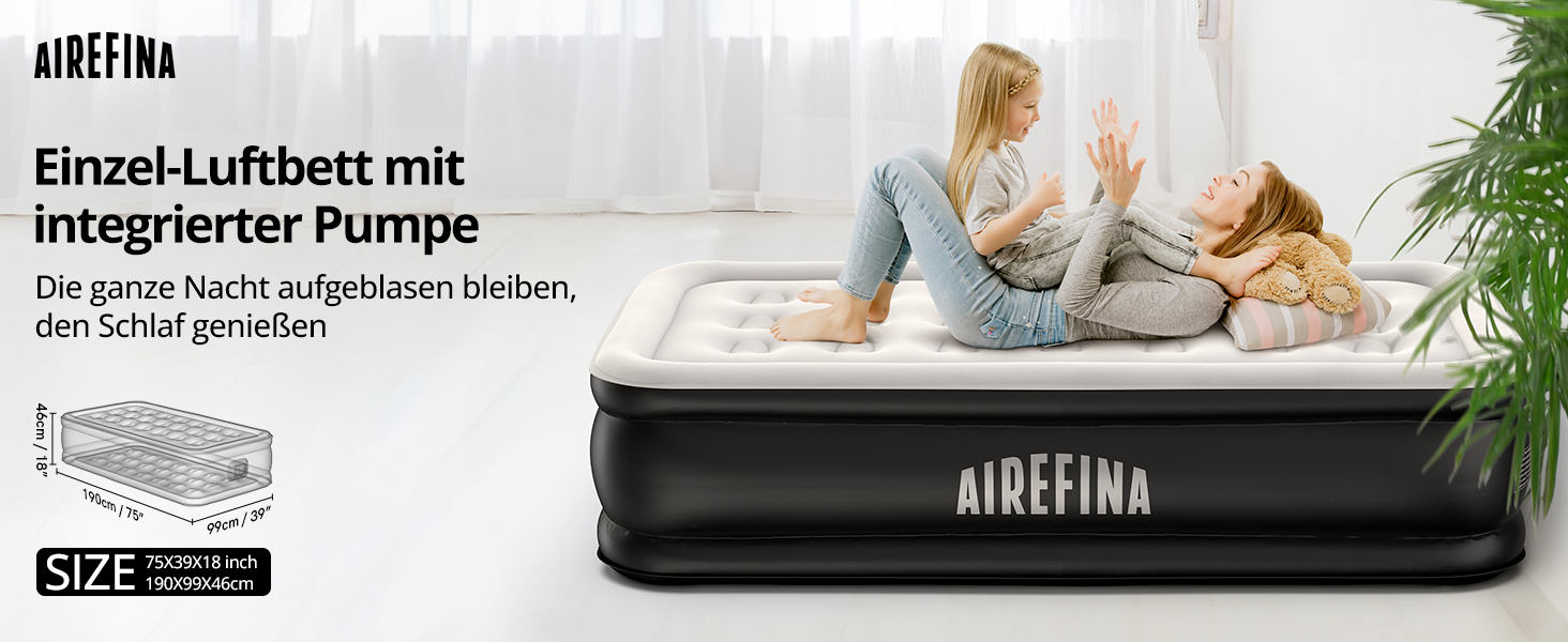 Надувне ліжко Airefina на 1 особу з вбудованим насосом, 99x190x46 см, до 295 кг, з сумкою для перенесення