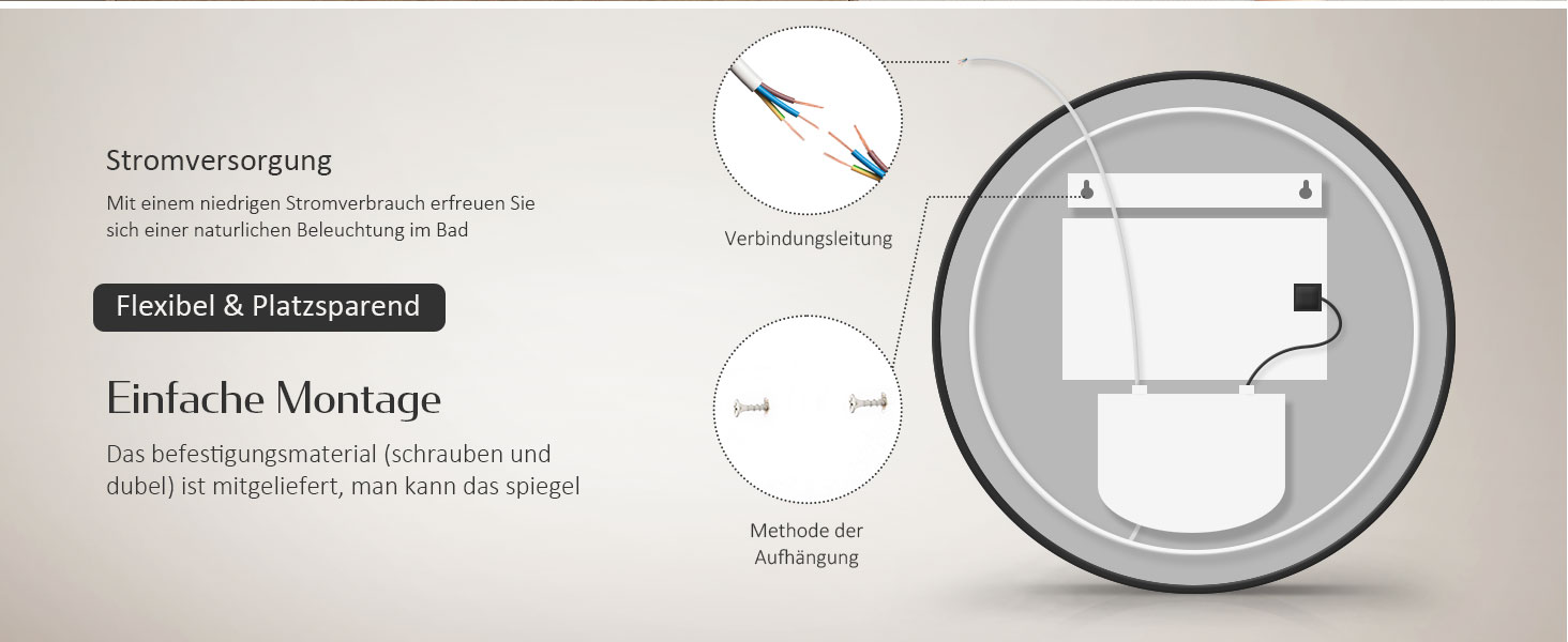 Круглий дзеркало для ванної кімнати EMKE з підсвічуванням 60 см – Чорний дзеркало з антизапарюванням, регулюванням яскравості, годинником, індикатором температури, сенсорним управлінням, функцією пам'яті, енергозберігаючий