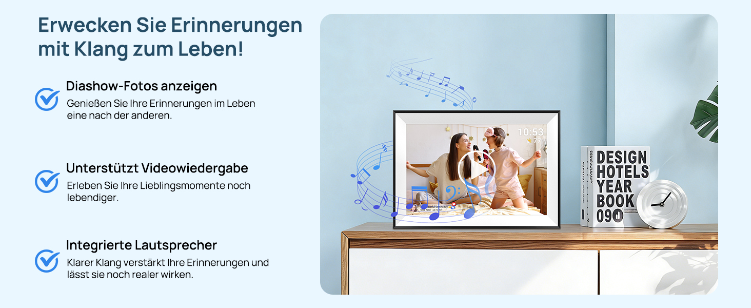 Цифрова фоторамка Frameo 10.1 дюймів WLAN, Full HD IPS сенсорний екран 1280x800, 32GB пам'ять, автоматичний поворот, можливість монтажу на стіну, керування через додаток Frameo (Чорна з білою рамкою)