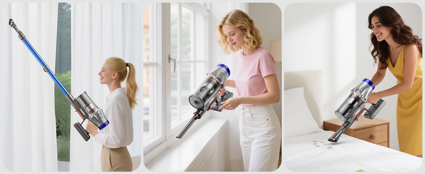 Бездротовий акумуляторний пилосос 48000Pa/580W/65Min, об'єм 1,8L, з функцією від'єднання пилу, антизаплутана щітка, 8-ступенева фільтрація. Підходить для килимів, шерсті тварин та твердих поверхонь. Колір: блакитний