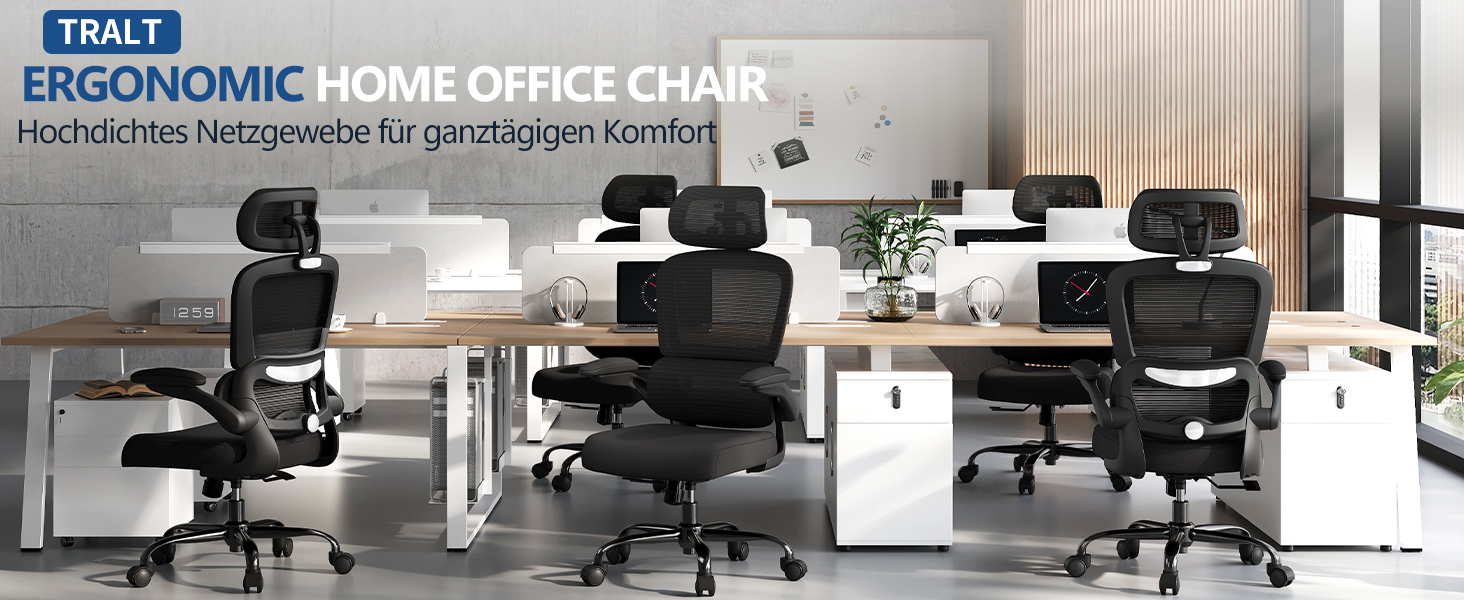 Ергономічне крісло TRALT для офісу з регульованою поперековою підтримкою та підголівником. Ігрове крісло, офісне крісло для дому та офісу. Максимальне навантаження 150 кг, чорний колір.