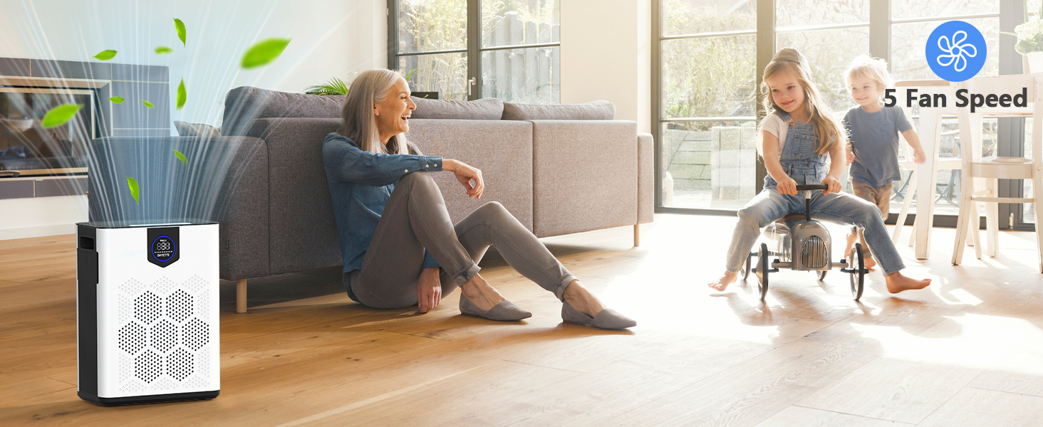 Повітряний фільтр для алергіків, квартири та кімнат для курців, з 2 HEPA фільтрами 14, проти шерсті тварин, плісняви, пилу, пилку та запахів, CADR 350 м³/год для 120 м², керування через додаток, таймер, тиха робота 22 дБ, 120 м², керування через додаток (Білий)