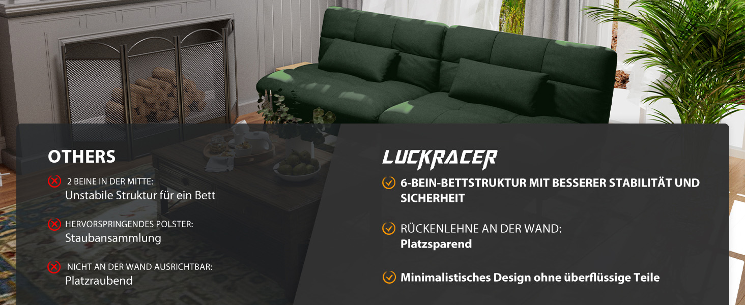Диван-ліжко LUCKRACER 3-місний з регульованими кутами, тканина, темно-зелений | Диван, розкладний диван, кутовий диван для вітальні