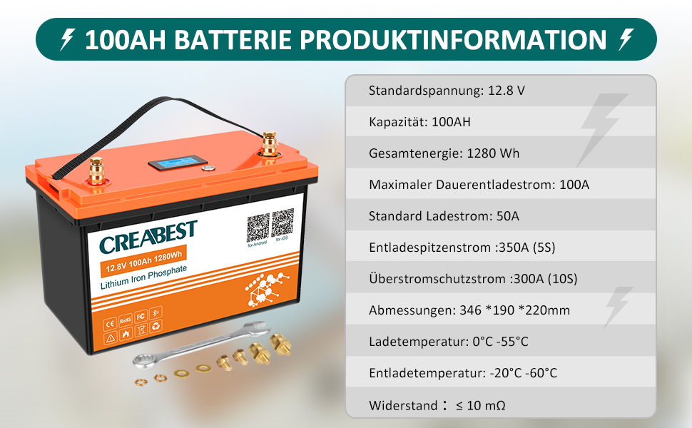 Акумулятор 12V 200Ah CREABEST LiFePO4, BMS, Bluetooth, глибокий цикл, 2560 Вт, для автофургону, сонячної системи, поза мережею