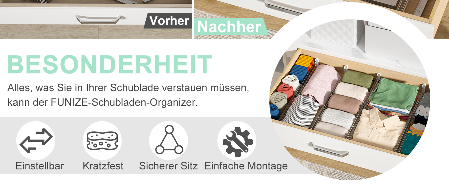 FUNIZE Регульовані роздільники для ящиків з вставками, 8 шт., роздільники 32-58 см + 16 шт. вставок 9-18 см, Органайзер для ящиків, Кухня, Спальня, Офіс, 6 см висота