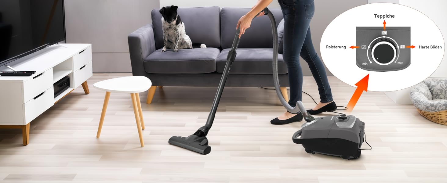 Пылесос Akitas C11 900W с мешком – сетевой шнур 7 м, радиус действия 10 м, тихая работа 70 дБ, с дополнительной насадкой для пола, регулируемая мощность всасывания, большой объем, для твердых полов и ковров