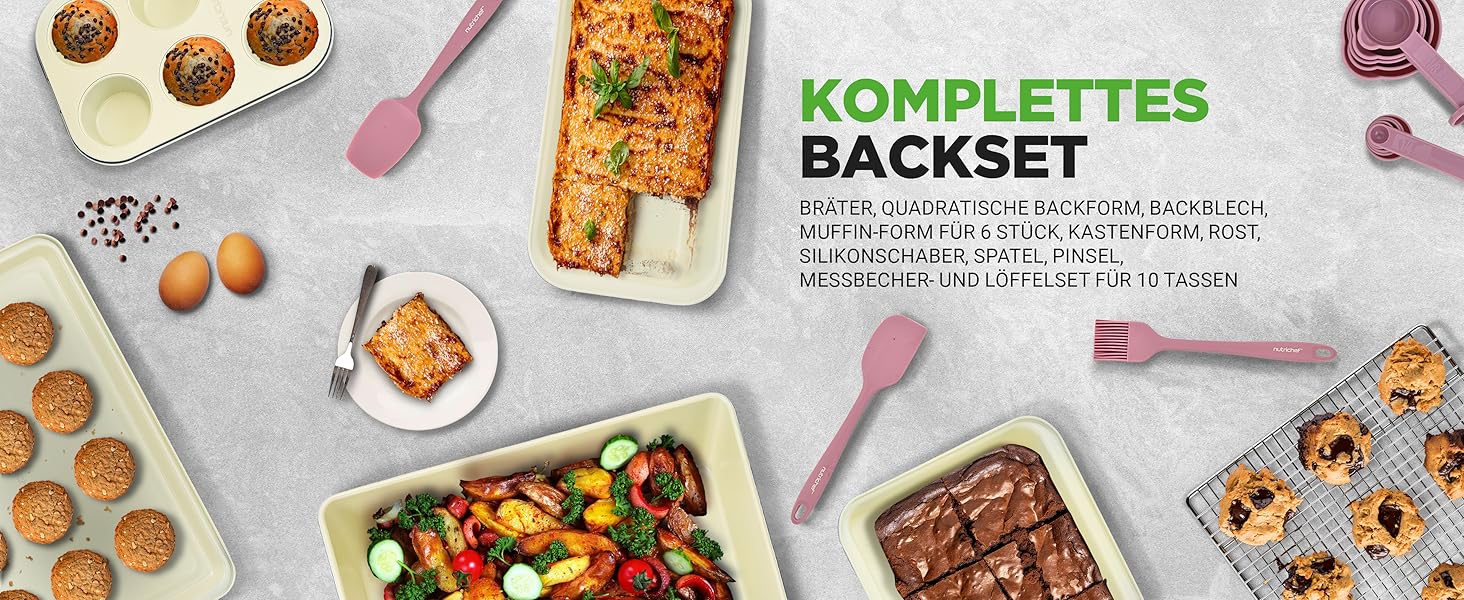 Набір кухонного посуду NutriChef 54 елементи – сковорідки, каструлі, кухонні аксесуари, ножі, форми для випічки, для індукції, газу та електроплити, здорове та дієтичне приготування (рожевий)