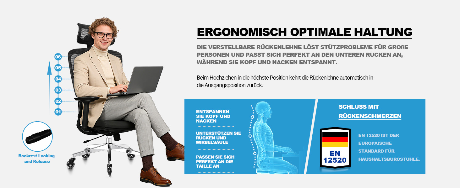 Ергономічне офісне крісло 200 кг | Регульована спинка 6P | 4D підлокітники | Безшумні гумові колеса | Регулювання глибини сидіння | Крісло для великих людей | Перевірено EN12520 | Пінощільність 45