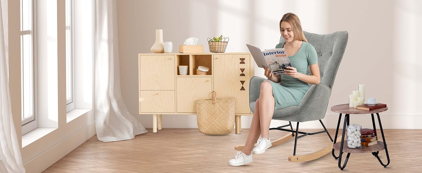 Крісло-гойдалка Cosy - зручне крісло для вітальні, спальні, балкону. Зручне сидіння, дерев'яні килишки, сіре, до 120 кг