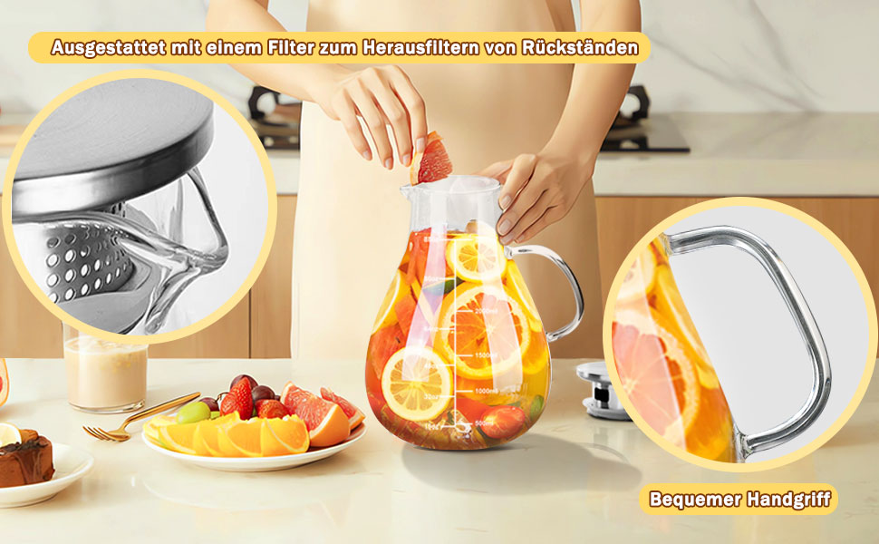 Скляна карафа з кришкою, 2500 мл, термостійке боросилікатне скло, з ситечком, для напоїв, чаю, кави, вина, молока, з щіткою для чищення