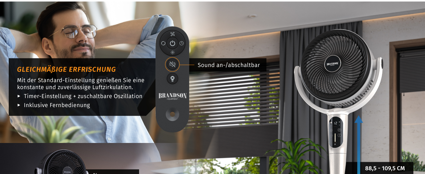 Вентилятор підлоговий Brandson 3D з ЕКО DC мотором, 24 швидкості, пульт, білий – енергозбереження 60%