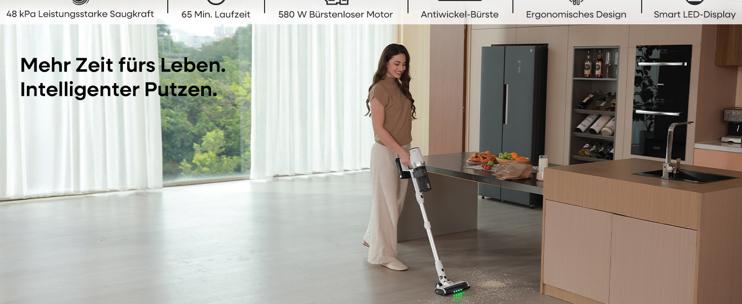 Акумуляторний пилосос ElecKeys 48000 Па, 580 Вт, 65 хв з LED дисплеєм, для підлоги, килимів та шерсті тварин, білий