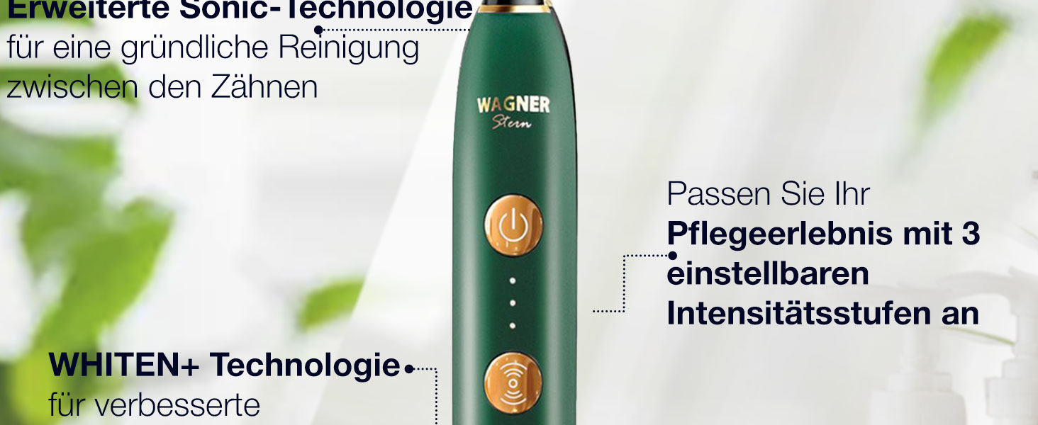 Електрична зубна щітка Wagner Stern WHITEN+ Edition з датчиком тиску. 5 режимів чищення, 3 рівні інтенсивності, 8 насадок, преміум-чохол. Зелена