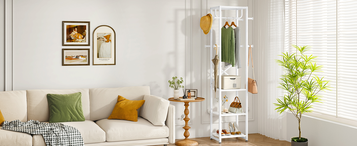 Стійка для одягу IBUYKE, вішалка для одягу з 3 полицями та 8 гачками, індустріальна стійка для передпокою, коридору, спальні, натуральний колір та білий, TMJ088R (180 x 40 x 30 см)