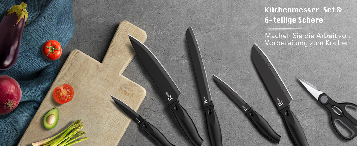 Набір ножів кухонних 7 предметів з бруском: ніж, ніж для овочів, ніж для м'яса, ножиці, брусок для ножів. Ідеально для нарізки м'яса, овочів, фруктів. Чорний колір.