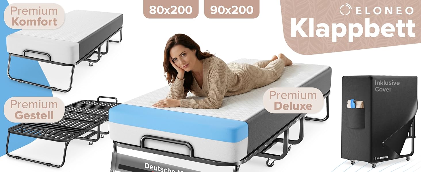 Розкладне ліжко ELONEO 80x200 см з преміум-матрацом, металевий каркас, витримує до 250 кг, гостьове ліжко на колесах з захисним чохлом