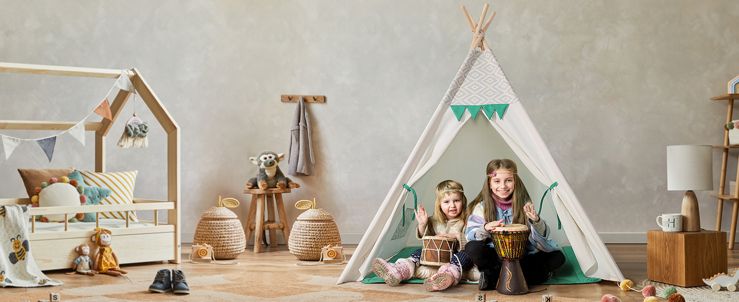 Намет Besrey Teepee для дітей, бавовняний ігровий намет для внутрішнього / зовнішнього використання з підсвічуванням і килимком (зелений)