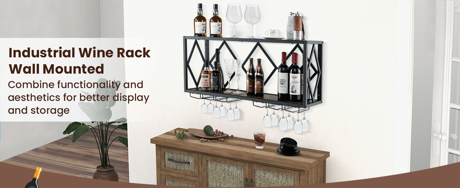 Стильна полиця для вина Komfotteu на стіну, дерев'яна з металевим каркасом, з тримачем для келихів, 60 x 20 x 55 см