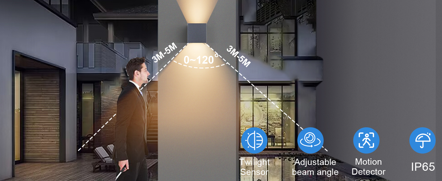 Klighten Вологостійкий вуличний світильник з датчиком руху 12W, IP65, 3000K, тепле біле світло, для внутрішнього та зовнішнього використання, регульований світловий потік, колір - темно-сірий