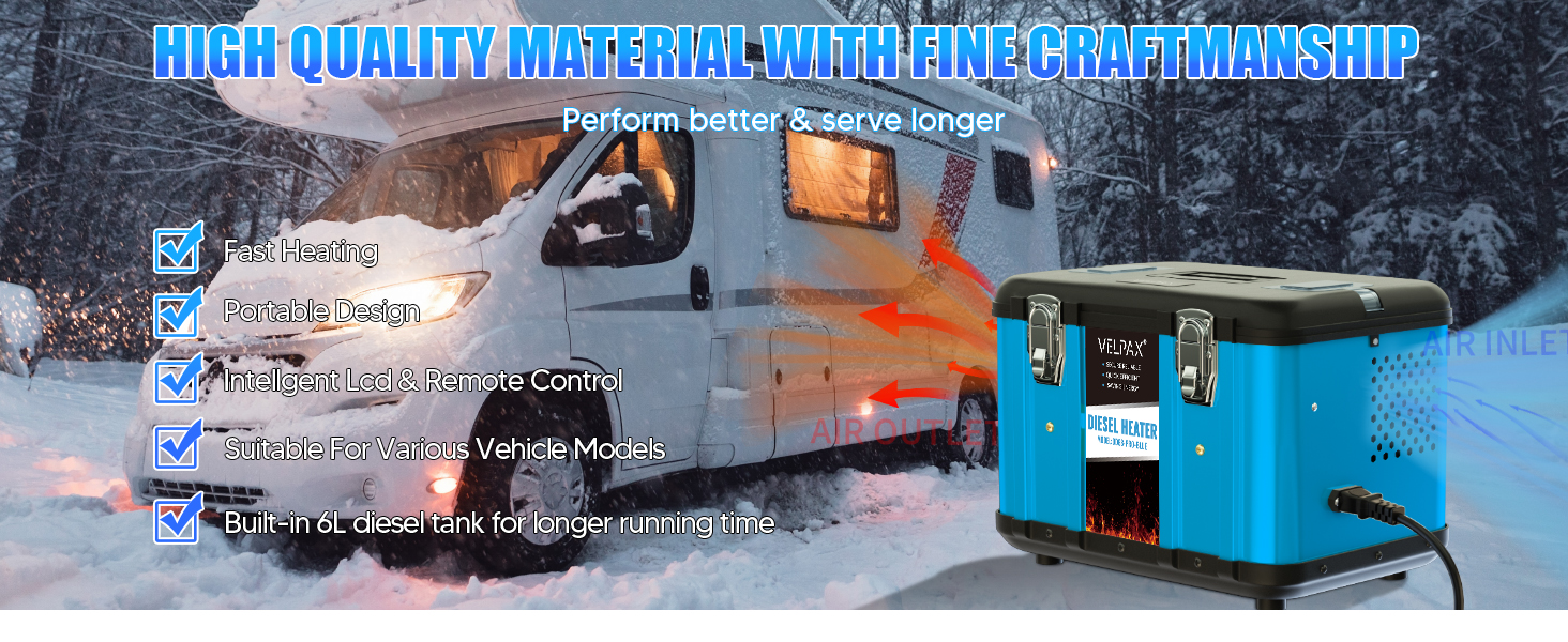 Автономний дизельний обігрівач VELPAX All in One 8кВт, 12V/24V/220V з Bluetooth, LCD-дисплеєм та пультом керування для кемпера, автобудинку та причепа