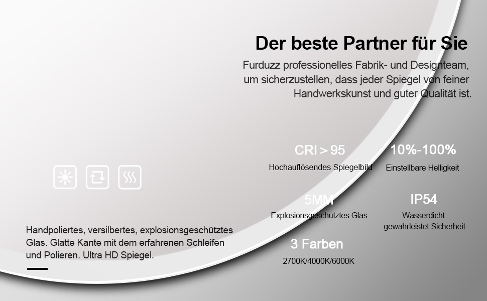 Дзеркало для ванної кімнати Furduzz LED з підсвічуванням, 700 мм, сенсорне керування, диммування, 3 кольори, проти запотівання, пам'ять, 70x70 см