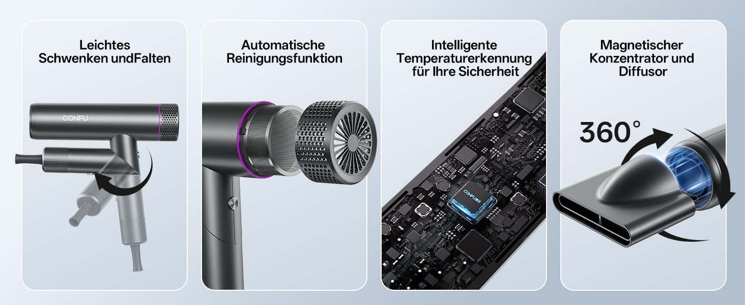 Професійний іонний фен для волосся CONFU 1700W, складаний фен з магнітним дифузором та стилізуючою насадкою, темно-сірий