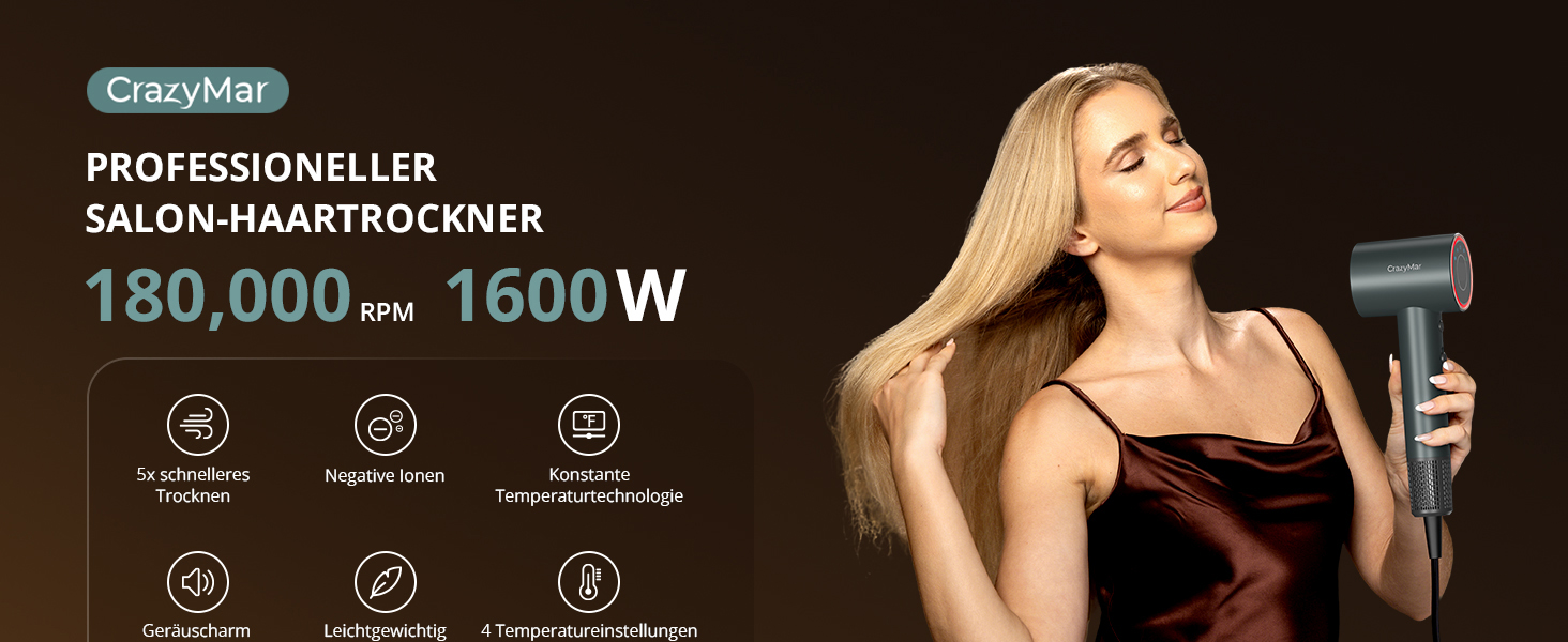 Іонний фен для волосся з безщітковим мотором 180 000 об/хв, компактний дорожній фен з 4 режимами температури та захистом від перегріву, сірий