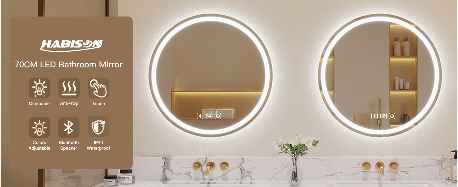 Дзеркало для ванної кімнати Habison з підсвічуванням 70x70 см LED, з годинником, сенсорним вимикачем, регулюванням яскравості, захистом від запотівання, 3-х кратним збільшенням, Bluetooth, 3 кольори світла
