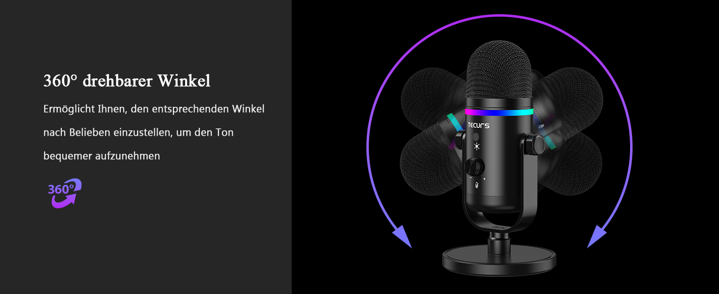 TECURS Мікрофон USB для ігор з RGB підсвічуванням, шумозаглушенням та студійним звуком – для стрімінгу, подкастів, PC, Mac, PS4, консолі, чорний