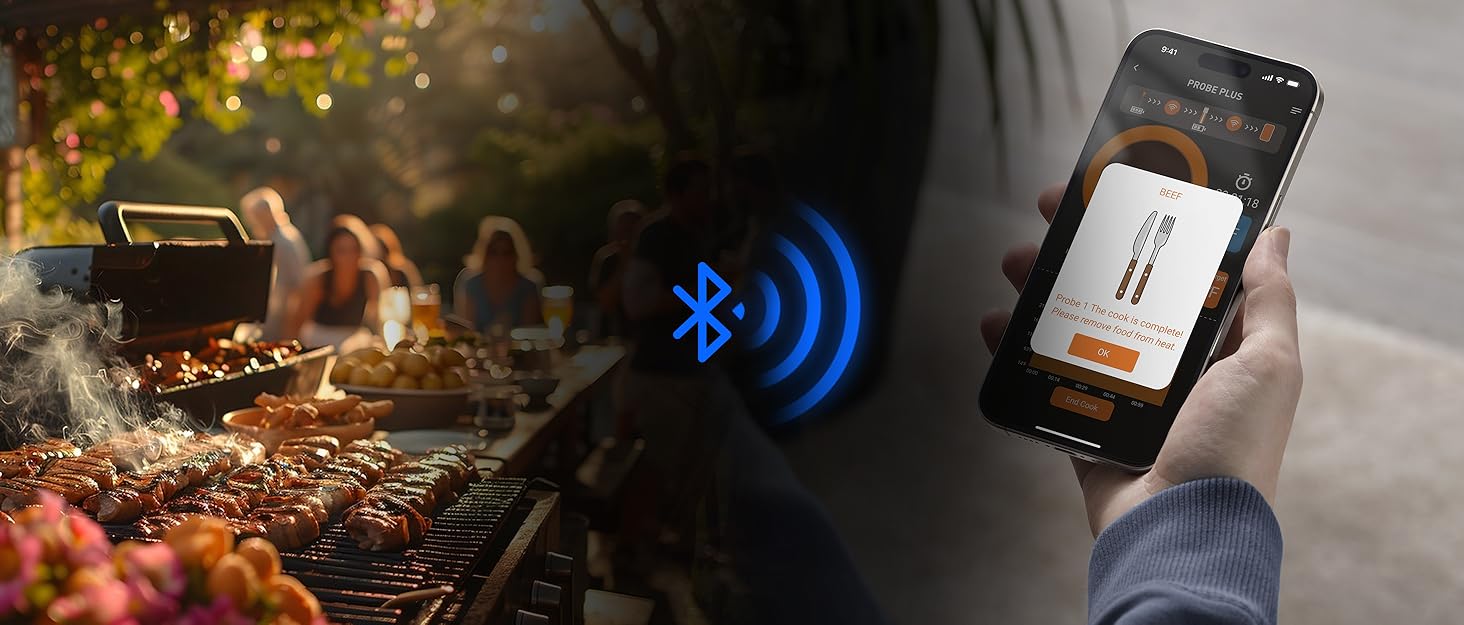 Термометр для м'яса з дистанційним моніторингом 130 м, для гриля, духовки, коптильні та кухні, термометр для гриля, IPX7 водонепроникний, відстеження температури в реальному часі, сумісний з iOS/Android, сріблясто-сірий