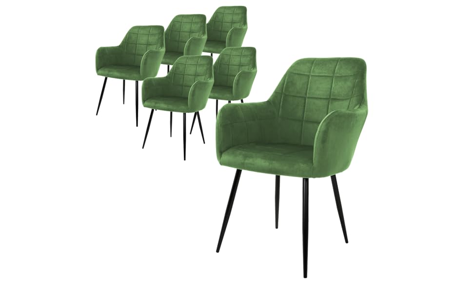 ECD Germany Комплект з 6 обідніх стільців з м'яким оксамитовим сидінням, металевими ніжками та підлокітниками, для вітальні та кухні, світло-зелений колір