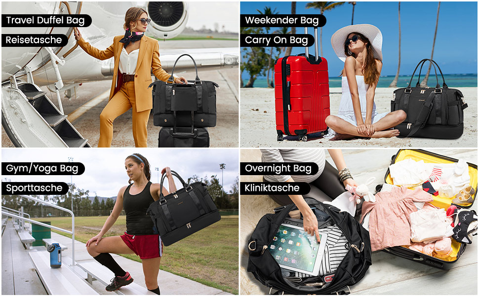 Спортивна сумка LOVEVOOK для подорожей: жіноча дорожня сумка-weekender з культюрною косметичкою, відділенням для взуття та мокрих речей, водонепроникна сумка для ночі, сумки для тренажерного залу, подорожей та аеропорту (37L, чорний)