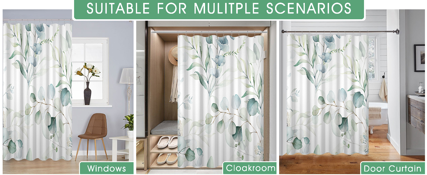 Шторка для душу 180x220 см, антигрибкова, з тропічним дизайном (зелені пальмові листя, евкаліпт, гриби), водонепроникна, з поліестеру, придатна для прання, для ванної кімнати, з 12 гачками