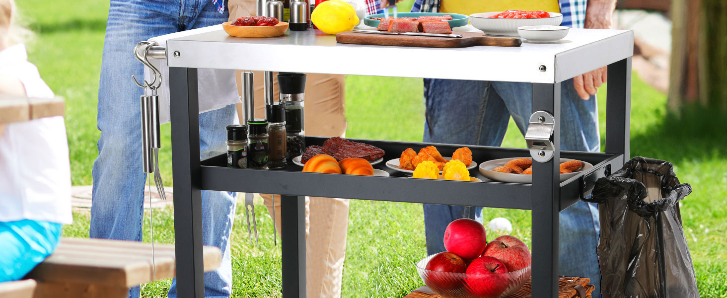 Grillwagen LIFERUN з нержавіючої сталі, 3 яруси, стіл для гриля, вуличний, з нержавіючою сталею, з гачками, на колесах