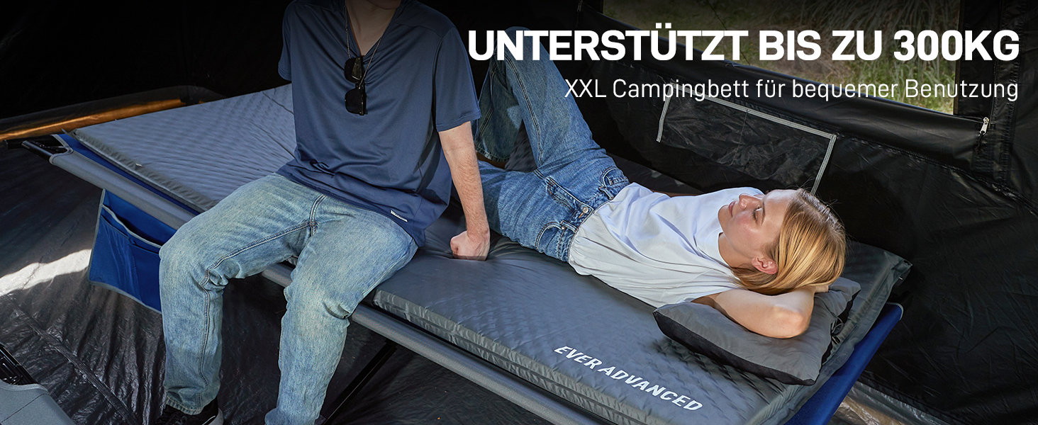 Розкладне польове ліжко EVER ADVANCED XXL, до 300 кг, 214x106 см, міцне кемпінгове ліжко для кемпінгу, подорожей, дому, пляжу та саду
