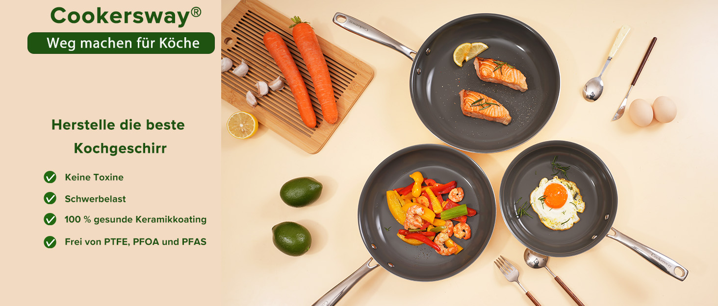 Набір каструль Cookersway: 20, 24, 28 см, керамічне покриття, без PTFE, PFOA, PFAs, для плити та духовки
