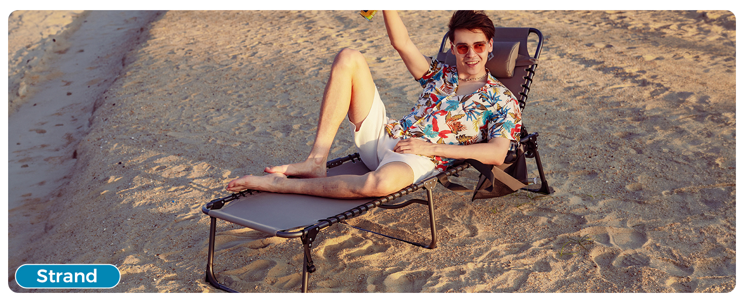 Лежак для відпочинку KingCamp великого розміру, складаний, 5 положень, для саду, кемпінгу, пляжу, 200 x 68 см, сірий, з подушкою та кишенею, до 200 кг