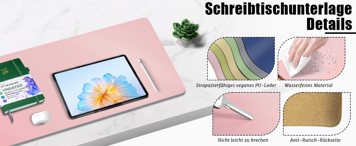 Шкіряний килимок для столу BLESWIN, великий протиковзаючий підкладник під мишу та клавіатуру для ноутбука та комп'ютера, захисна підкладка для письма (Рожевий, 90x43 см)