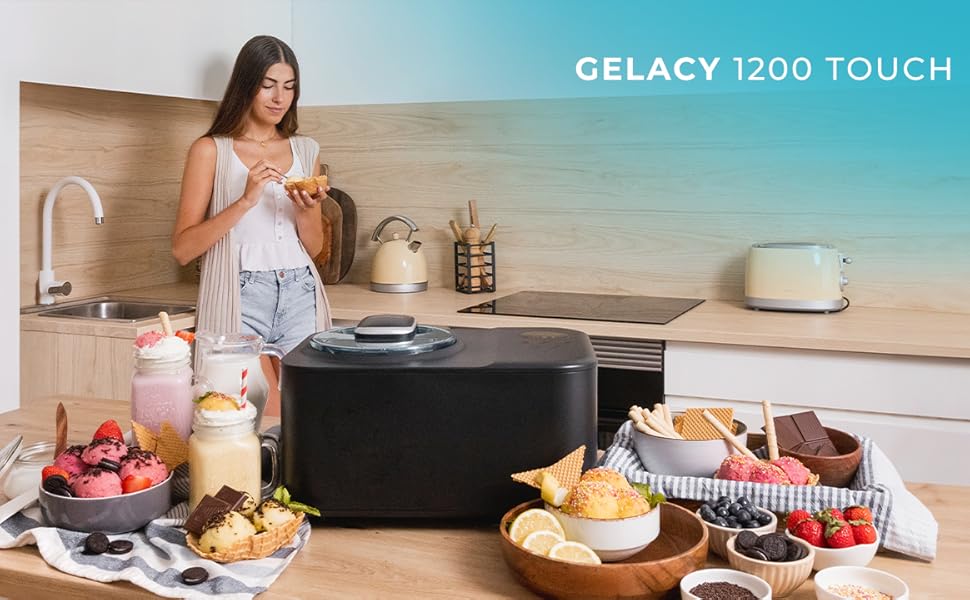 Машина для приготування морозива Cecotec Gelacy 1200 Touch, 1,2 л, чорний. Електрична, з компресором, сенсорний дисплей, швидке заморожування за 30 хвилин