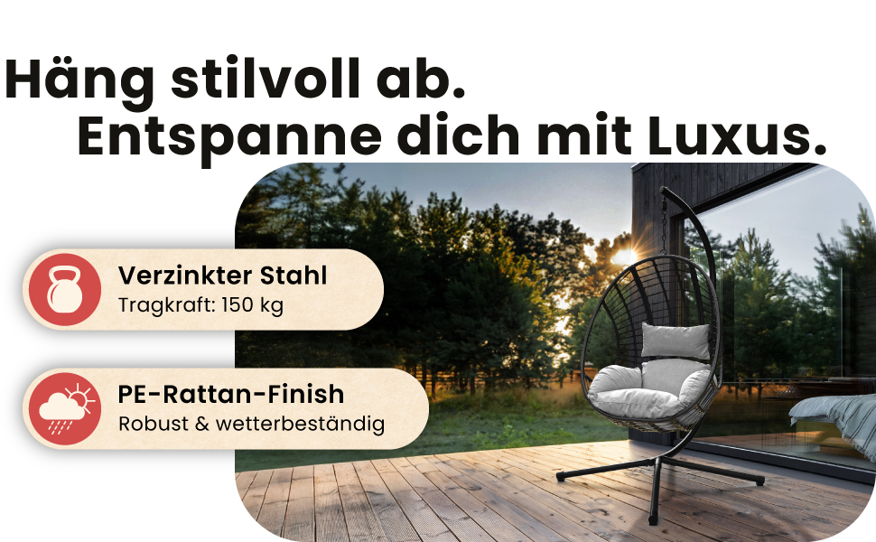 Крісло-гойдалка Swoods XXL з металевим каркасом – для дому та вулиці. Яйцеподібне крісло-гойдалка з подушкою, до 150 кг (темно-сірий, світло-сірий)