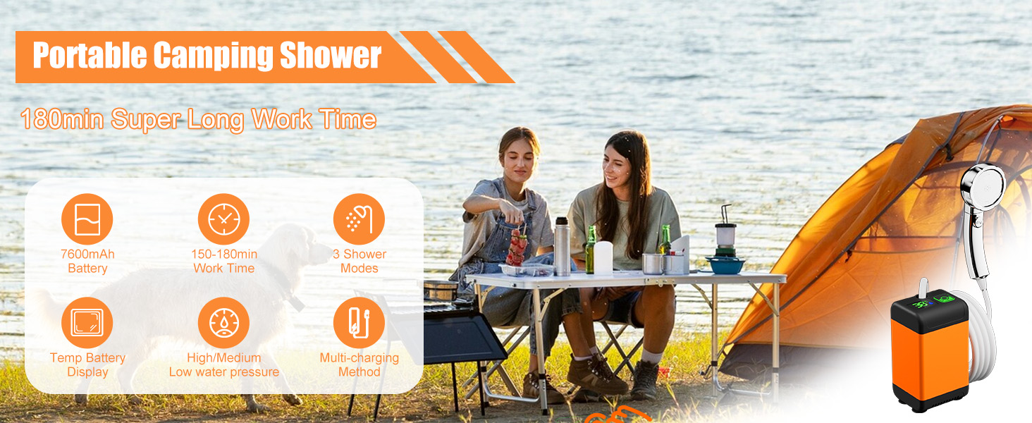 Портативна душова кабіна для кемпінгу з акумулятором 7600mAh, з насосом, дисплеєм та 2-метровим шлангом. Мобільний душ для подорожей, саду та миття авто.