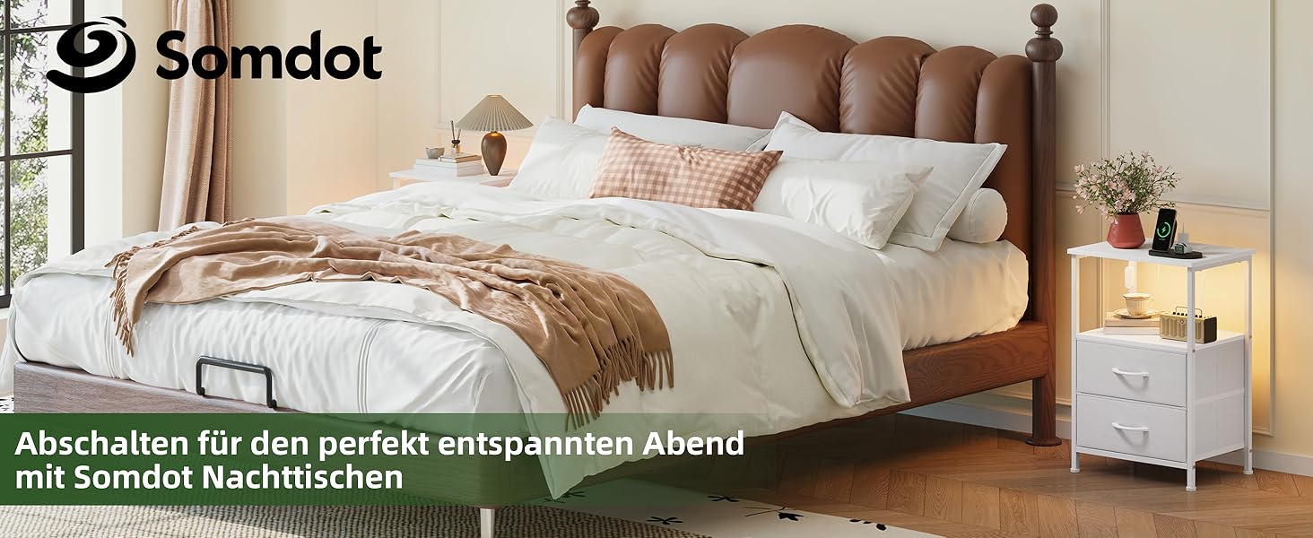 Нічний столик Somdot з LED, USB та Type-C, 2 висувні ящики, штучна шкіра, білий (30x40x60 см)